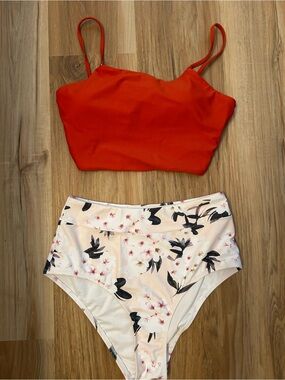 Police Red Tankini Top with Cream Floral High-Waist Bikini Bottoms
